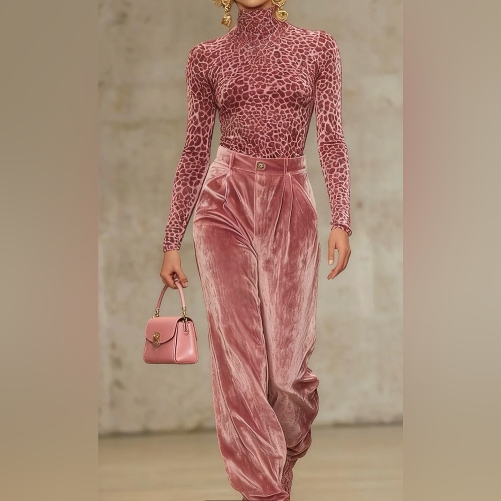Set of High-Waist Velvet Wide-Leg Pants in Dusty Rose and printed blouse
